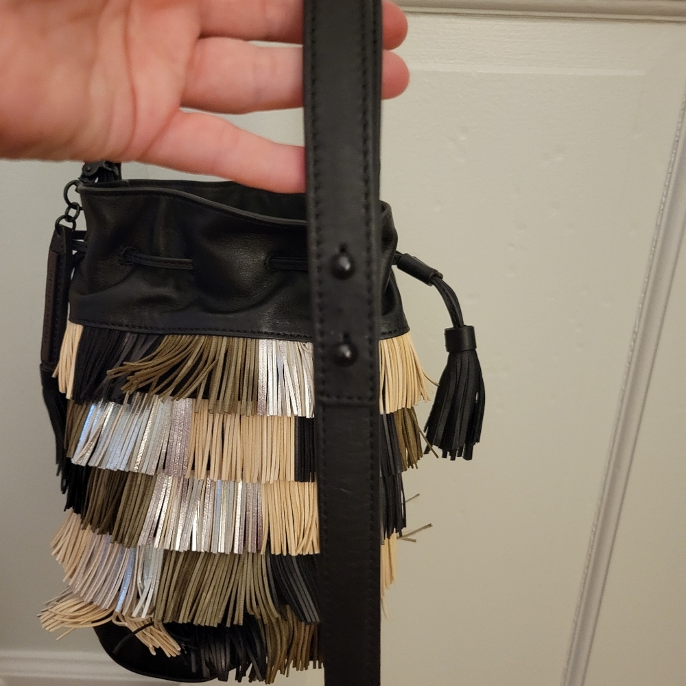 NWOT Loeffler Randall genuine leather fringe handbag purse. Black tan metallic - Picture 8 of 16